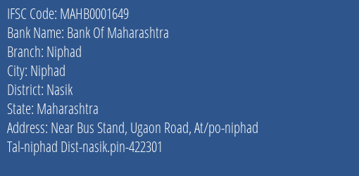 Bank Of Maharashtra Niphad Branch Nasik IFSC Code MAHB0001649