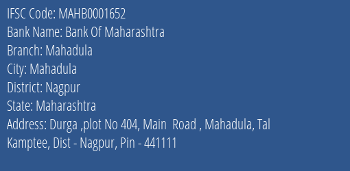 Bank Of Maharashtra Mahadula Branch Nagpur IFSC Code MAHB0001652