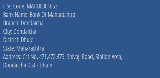 Bank Of Maharashtra Dondaicha Branch, Branch Code 001653 & IFSC Code MAHB0001653