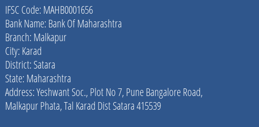Bank Of Maharashtra Malkapur Branch Satara IFSC Code MAHB0001656