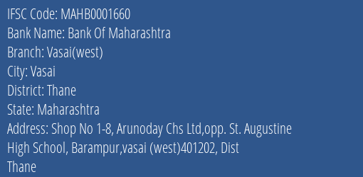 Bank Of Maharashtra Vasai West Branch Thane IFSC Code MAHB0001660
