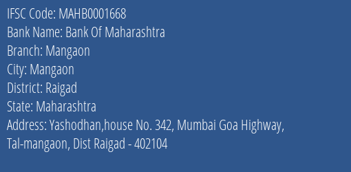 Bank Of Maharashtra Mangaon Branch Raigad IFSC Code MAHB0001668