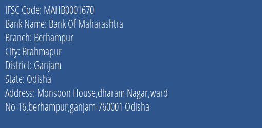 Bank Of Maharashtra Berhampur Branch, Branch Code 001670 & IFSC Code MAHB0001670