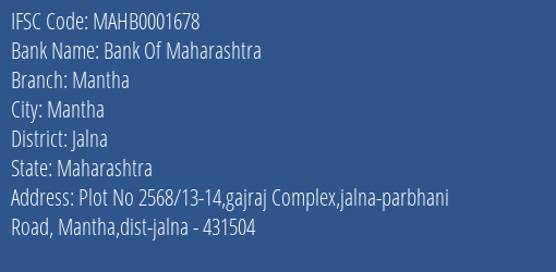 Bank Of Maharashtra Mantha Branch Jalna IFSC Code MAHB0001678