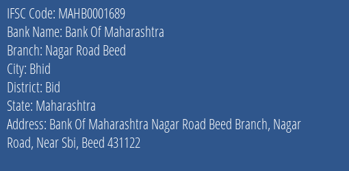 Bank Of Maharashtra Nagar Road Beed Branch Bid IFSC Code MAHB0001689