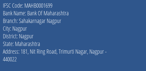Bank Of Maharashtra Sahakarnagar Nagpur Branch, Branch Code 001699 & IFSC Code Mahb0001699