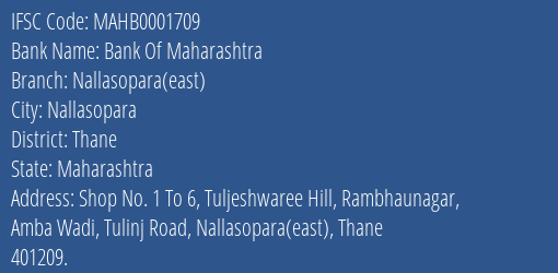 Bank Of Maharashtra Nallasopara East Branch Thane IFSC Code MAHB0001709