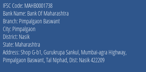 Bank Of Maharashtra Pimpalgaon Baswant Branch Nasik IFSC Code MAHB0001738