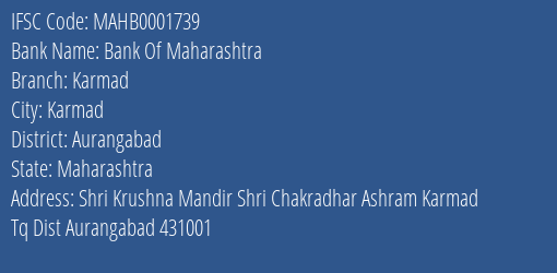 Bank Of Maharashtra Karmad Branch Aurangabad IFSC Code MAHB0001739