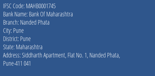 Bank Of Maharashtra Nanded Phata Branch Pune IFSC Code MAHB0001745