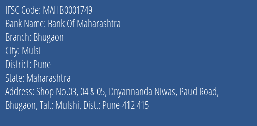 Bank Of Maharashtra Bhugaon Branch Pune IFSC Code MAHB0001749
