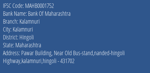 Bank Of Maharashtra Kalamnuri Branch, Branch Code 001752 & IFSC Code Mahb0001752