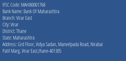 Bank Of Maharashtra Virar East Branch, Branch Code 001768 & IFSC Code Mahb0001768