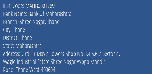 Bank Of Maharashtra Shree Nagar Thane Branch Thane IFSC Code MAHB0001769