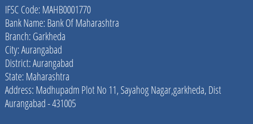 Bank Of Maharashtra Garkheda Branch Aurangabad IFSC Code MAHB0001770