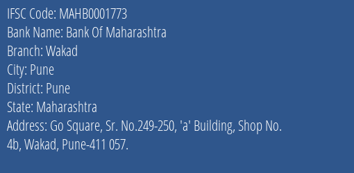 Bank Of Maharashtra Wakad Branch Pune IFSC Code MAHB0001773