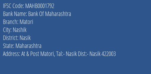 Bank Of Maharashtra Matori Branch Nasik IFSC Code MAHB0001792