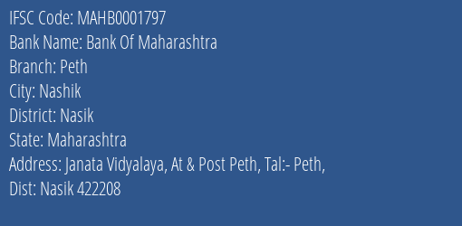 Bank Of Maharashtra Peth Branch Nasik IFSC Code MAHB0001797
