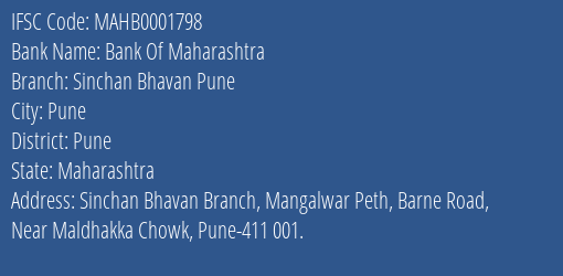 Bank Of Maharashtra Sinchan Bhavan Pune Branch Pune IFSC Code MAHB0001798
