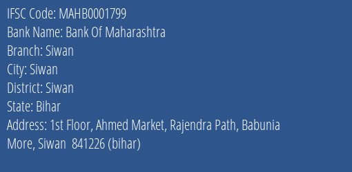 Bank Of Maharashtra Siwan Branch, Branch Code 001799 & IFSC Code MAHB0001799