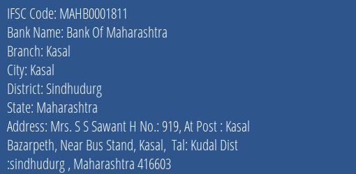 Bank Of Maharashtra Kasal Branch Sindhudurg IFSC Code MAHB0001811