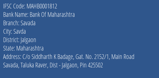 Bank Of Maharashtra Savada Branch Jalgaon IFSC Code MAHB0001812