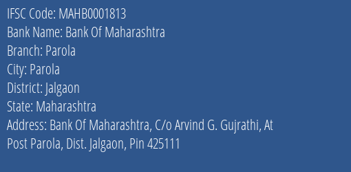 Bank Of Maharashtra Parola Branch Jalgaon IFSC Code MAHB0001813