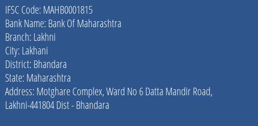 Bank Of Maharashtra Lakhni Branch Bhandara IFSC Code MAHB0001815