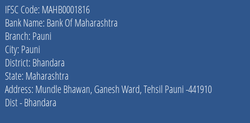 Bank Of Maharashtra Pauni Branch Bhandara IFSC Code MAHB0001816
