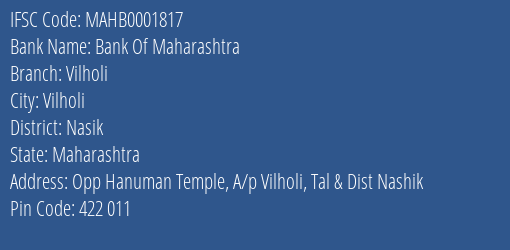 Bank Of Maharashtra Vilholi Branch Nasik IFSC Code MAHB0001817
