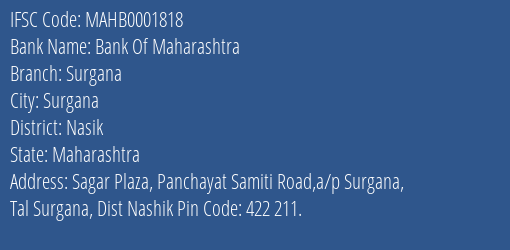 Bank Of Maharashtra Surgana Branch Nasik IFSC Code MAHB0001818