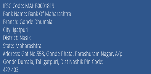Bank Of Maharashtra Gonde Dhumala Branch Nasik IFSC Code MAHB0001819