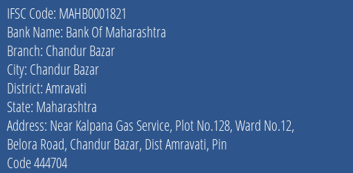 Bank Of Maharashtra Chandur Bazar Branch Amravati IFSC Code MAHB0001821