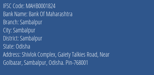 Bank Of Maharashtra Sambalpur Branch, Branch Code 001824 & IFSC Code MAHB0001824