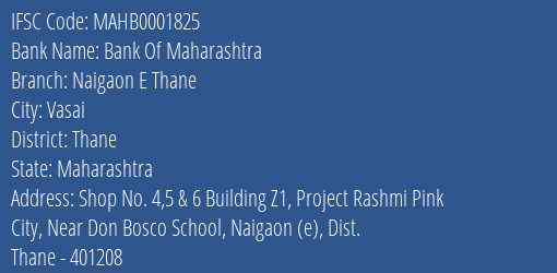Bank Of Maharashtra Naigaon E Thane Branch Thane IFSC Code MAHB0001825