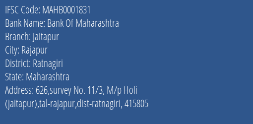 Bank Of Maharashtra Jaitapur Branch Ratnagiri IFSC Code MAHB0001831