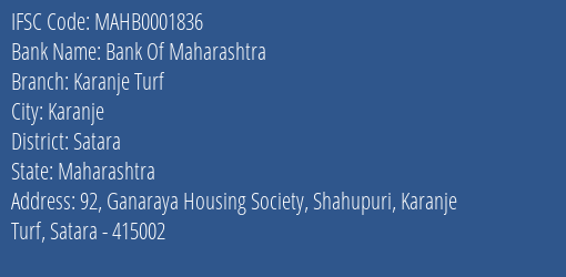 Bank Of Maharashtra Karanje Turf Branch Satara IFSC Code MAHB0001836