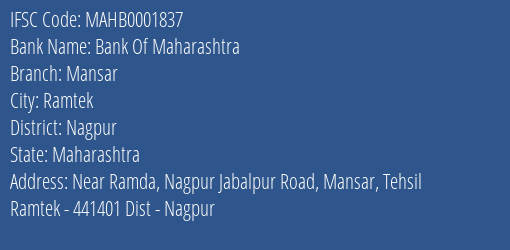 Bank Of Maharashtra Mansar Branch, Branch Code 001837 & IFSC Code Mahb0001837