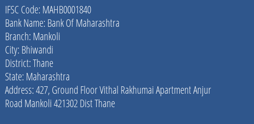 Bank Of Maharashtra Mankoli Branch, Branch Code 001840 & IFSC Code Mahb0001840
