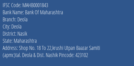 Bank Of Maharashtra Deola Branch Nasik IFSC Code MAHB0001843