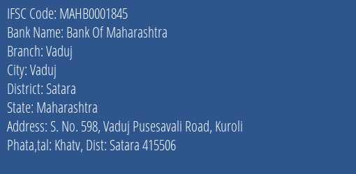 Bank Of Maharashtra Vaduj Branch Satara IFSC Code MAHB0001845