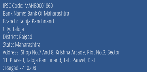Bank Of Maharashtra Taloja Panchnand Branch Raigad IFSC Code MAHB0001860