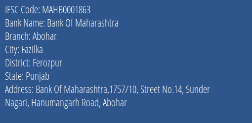 Bank Of Maharashtra Abohar Branch Ferozpur IFSC Code MAHB0001863