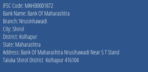 Bank Of Maharashtra Nrusinhawadi Branch Kolhapur IFSC Code MAHB0001872