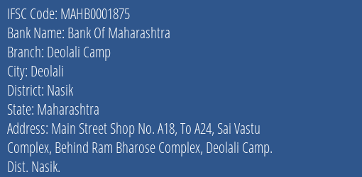 Bank Of Maharashtra Deolali Camp Branch Nasik IFSC Code MAHB0001875