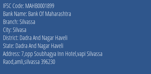 Bank Of Maharashtra Silvassa Branch, Branch Code 001899 & IFSC Code MAHB0001899