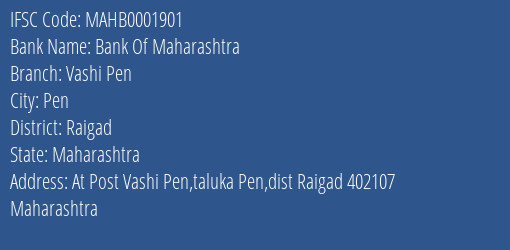 Bank Of Maharashtra Vashi Pen Branch Raigad IFSC Code MAHB0001901