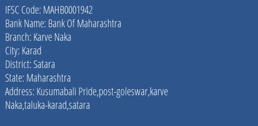 Bank Of Maharashtra Karve Naka Branch Satara IFSC Code MAHB0001942