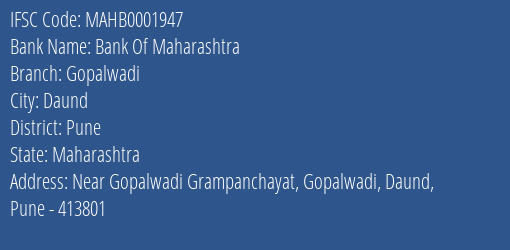 Bank Of Maharashtra Gopalwadi Branch Pune IFSC Code MAHB0001947