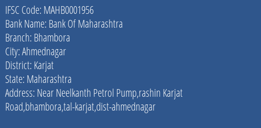 Bank Of Maharashtra Bhambora Branch, Branch Code 001956 & IFSC Code MAHB0001956